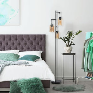 Lampada da Terra, Lampada a Stelo Retrò con Paralume in Vetro Ambrato a 3 Teste Sospese, Interruttore a Pedale, Base in Metallo, Ideale per Soggiorno, Camera da Letto, Corridoio e Studio