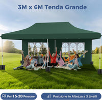 Gazebo da Giardino 3 x 6 m, Tendone per Feste con 6 Pannelli Laterali Rimovibili, con Borsa da Trasporto, Design Pop-up, per Matrimonio Eventi e Barbecue (Verde)