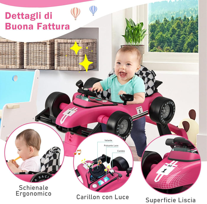Girello per Bambini 4 in 1, Girello Pieghevole con Altezza e Velocità Regolabili, Carillon con Luci, Volante e Sedile, Primi Passi per Bambini 6-18 Mesi, Portata 15 kg (Rosa Scruro)
