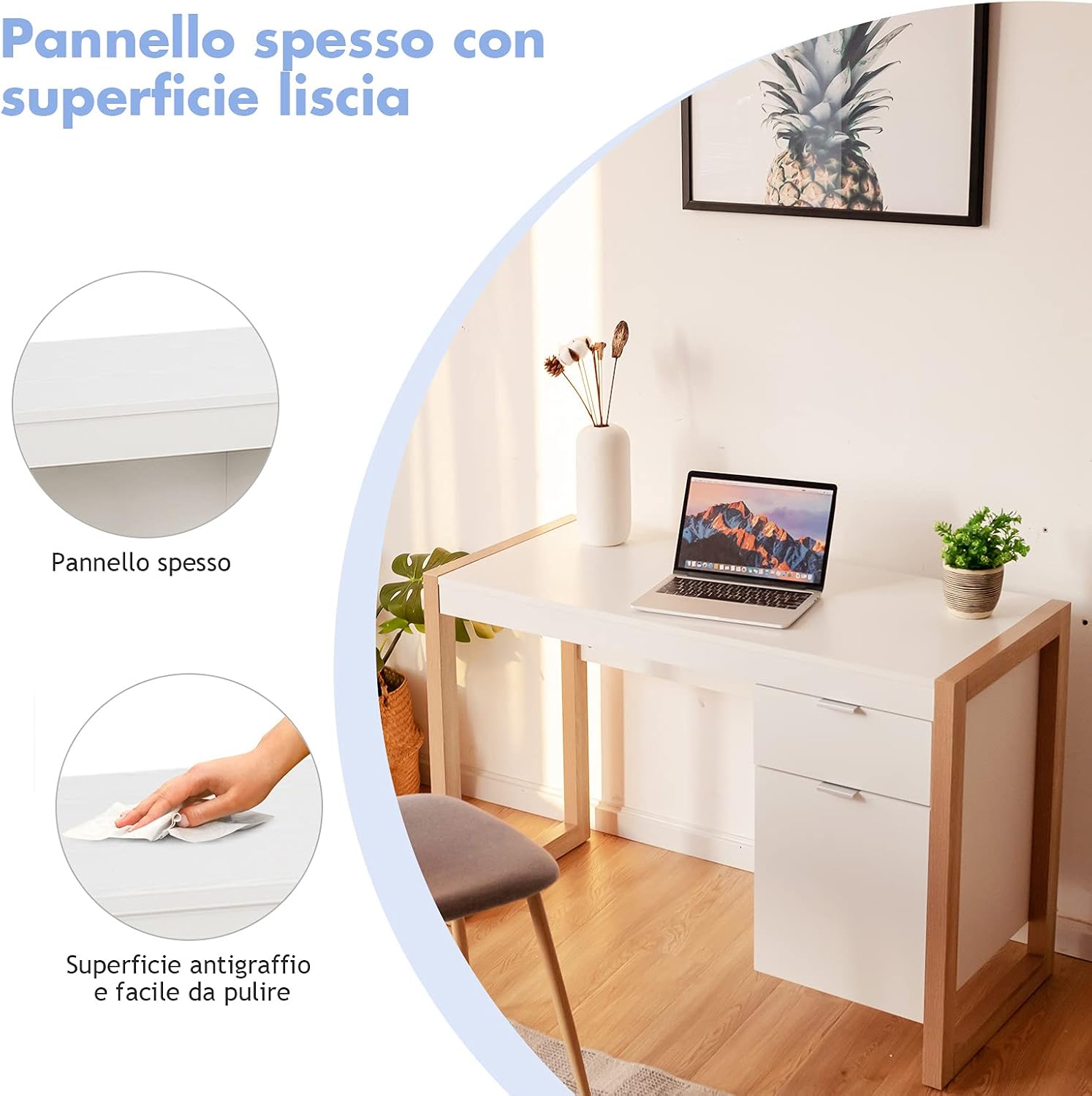 Scrivania Moderna per Computer, Postazione di Lavoro con Armadietto e Cassetto, Design Semplice ed Elegante, Scrivania con Superficie Liscia, Ideale per Casa e Ufficio