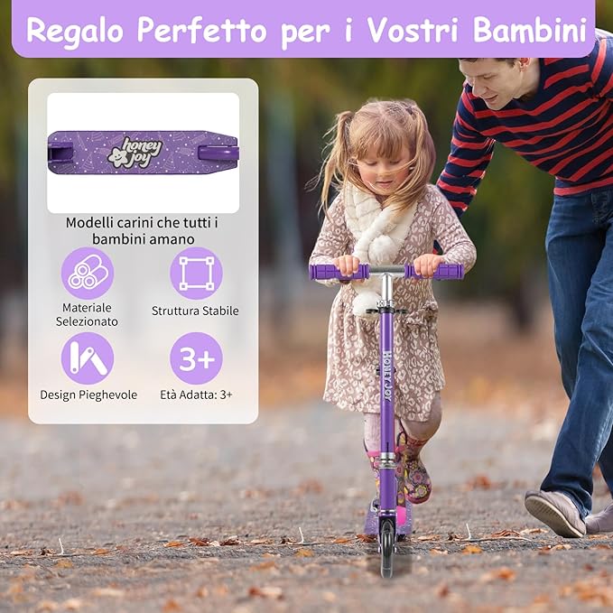 Monopattino per Bambini Pieghevole e Portatile, Monopattino a 2 Ruote con Manubrio Regolabile, Ruote Luminose a LED, Freno Posteriore e Tracolla, Ideale per Bambini e Bambine 3+