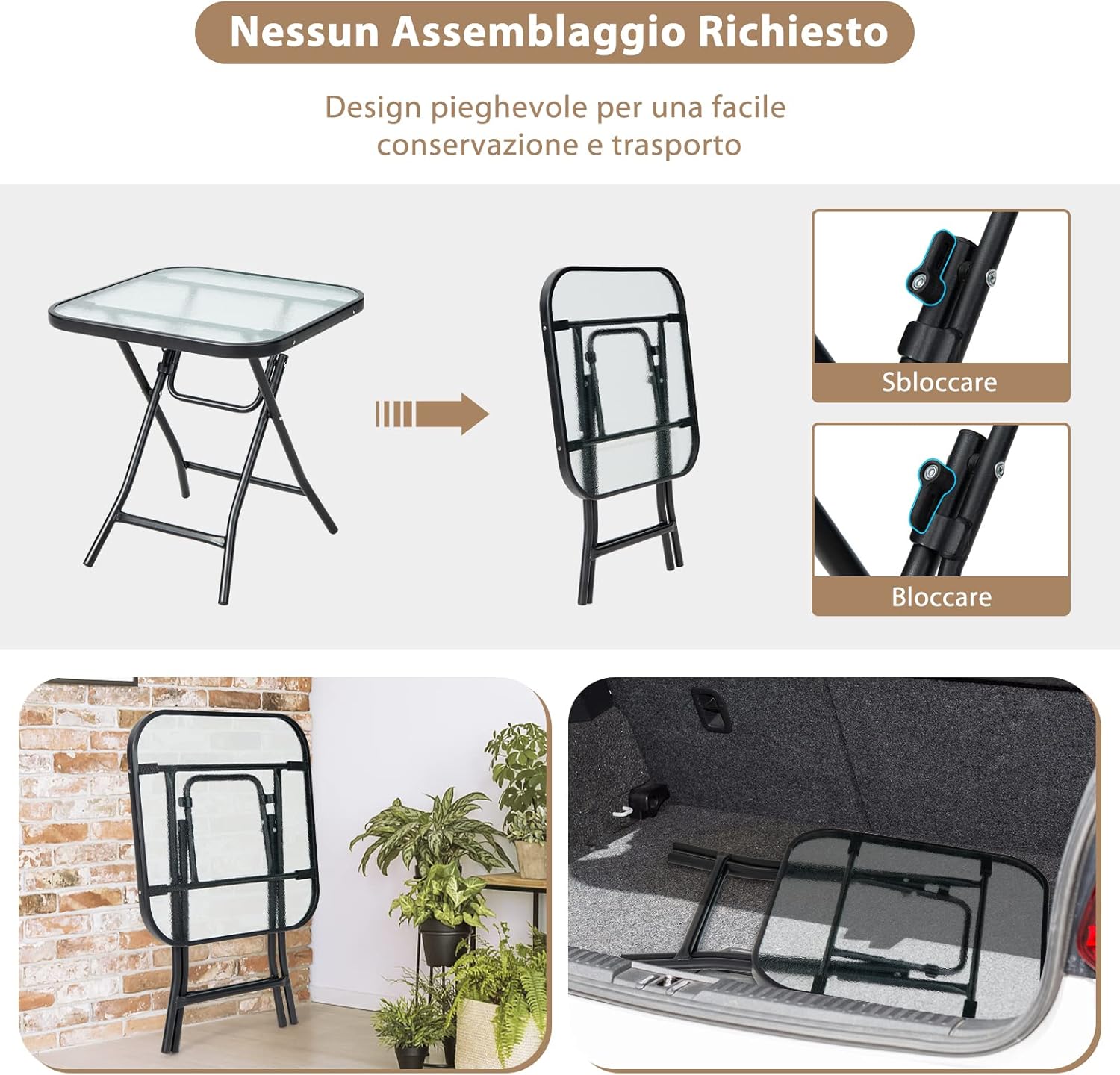 Tavolo Quadrato da Giardino, Tavolino Pieghevole e Portatile con Telaio Antiruggine con Superficie in Vetro Tavolo da Esterno per Cortile, Giardino e Balcone, 46,5 x 46,5 x 47,5 cm
