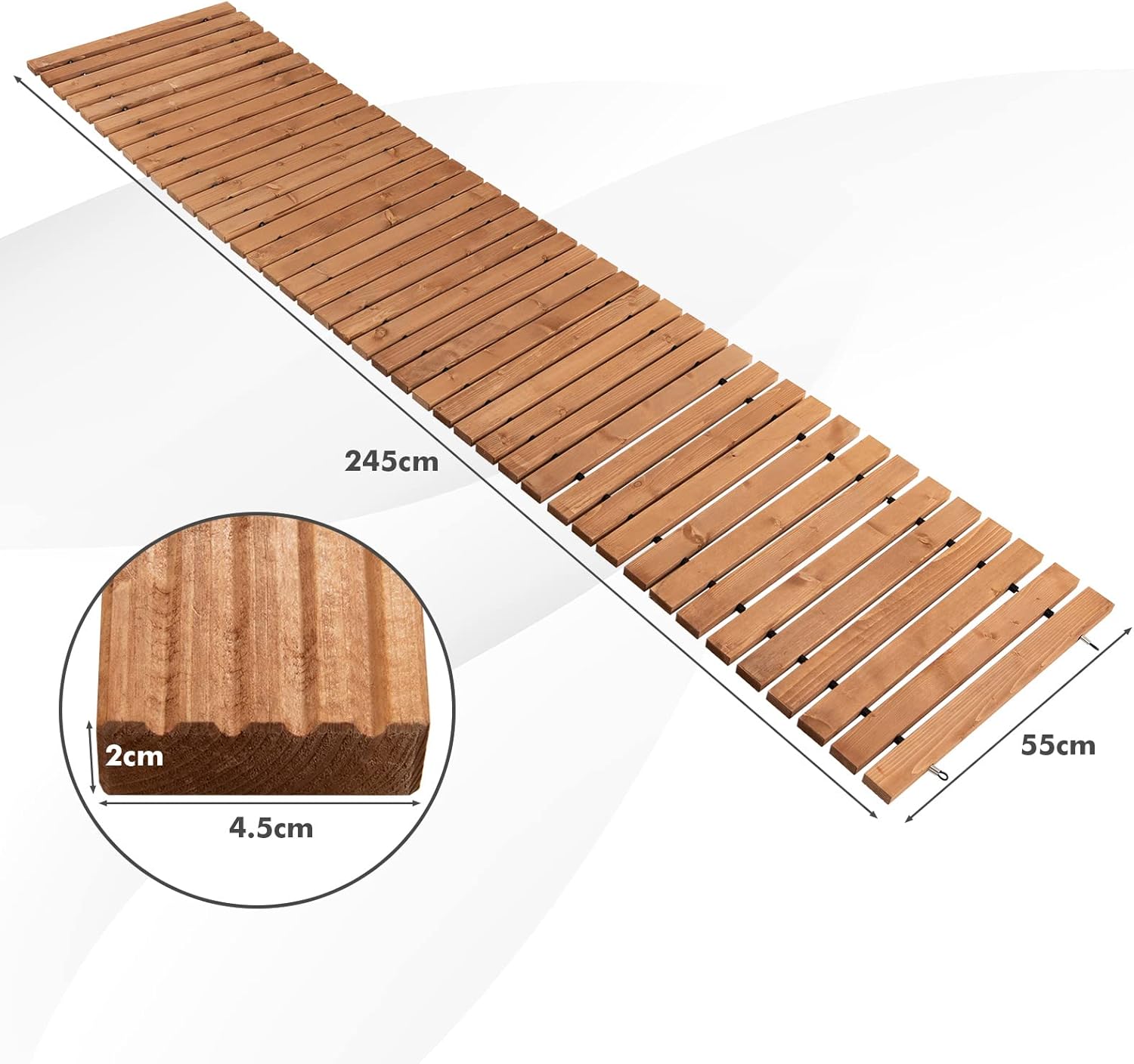 Passerella Arrotolabile per Giardino, Vialetto con Filo di Ferro e Consistenza Antiscivolo Resistente alle Intemperie, Percorso in Legno per Cortile e Spiaggia (245 x 55 x 2 cm)
