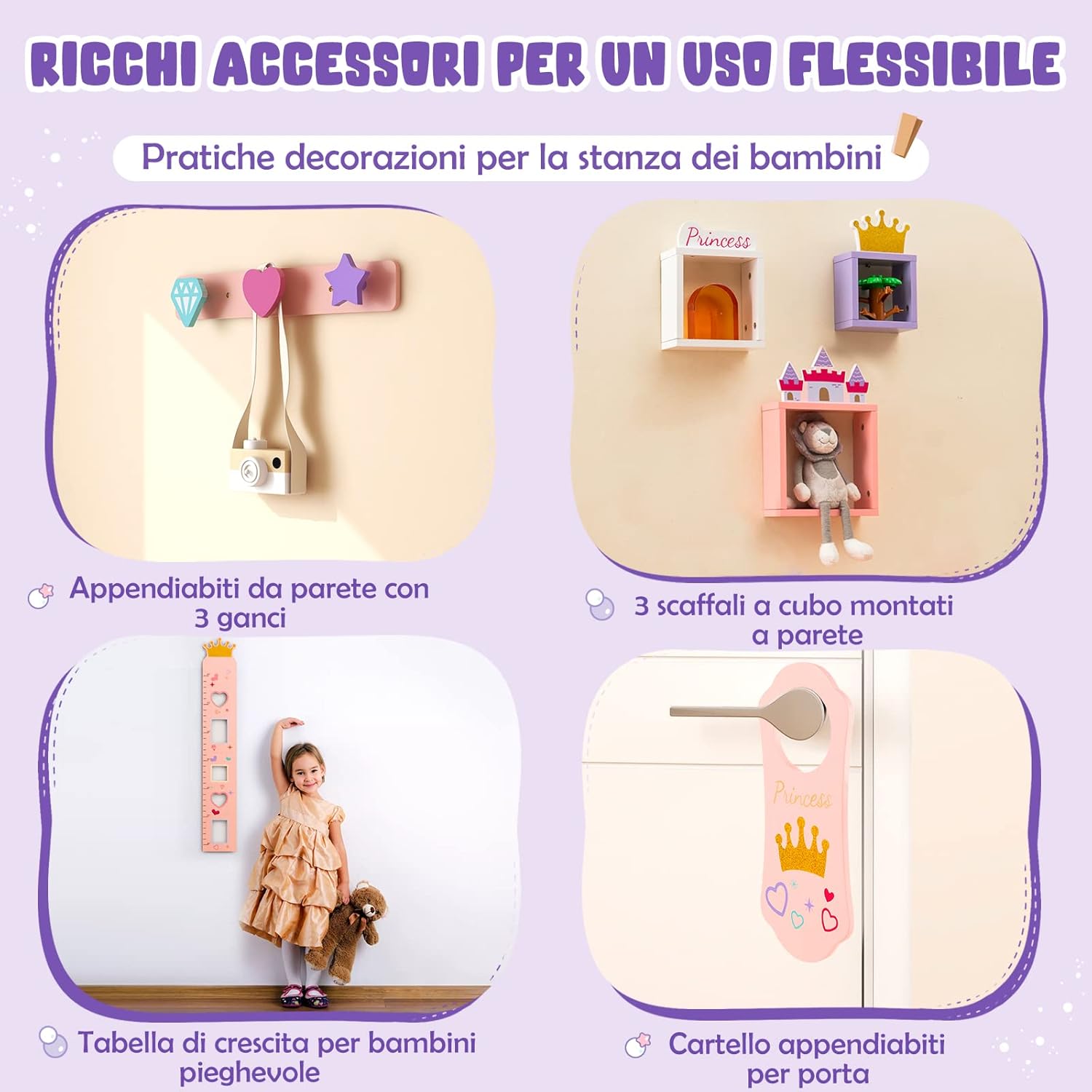 2 in 1 Set Toletta per Bambini con Sgabello e Specchio Rimovibile, Tavolo da Trucco con Molti Accessori e Cassetto, Specchiera Bambina a Tema Fiabesco, 74 x 39 x 101 cm (Rosa)