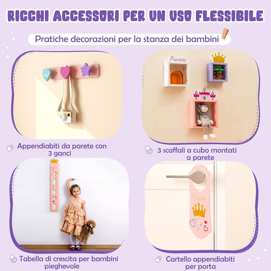 2 in 1 Set Toletta per Bambini con Sgabello e Specchio Rimovibile, Tavolo da Trucco con Molti Accessori e Cassetto, Specchiera Bambina a Tema Fiabesco, 74 x 39 x 101 cm (Rosa)