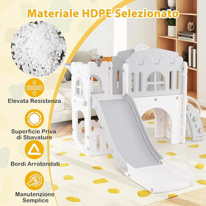 Scivolo per Bambini 9 in 1, Set da Gioco con Canestro da Basket, Telescopio, Volante, Corridoio, Tunnel e Spazio di Archiviazione, Scivolo da Interno ed Esterno per 1+ Anni (Grigio+Bianco)