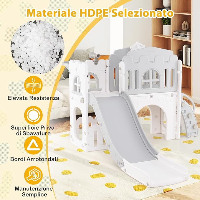 Scivolo per Bambini 9 in 1, Set da Gioco con Canestro da Basket, Telescopio, Volante, Corridoio, Tunnel e Spazio di Archiviazione, Scivolo da Interno ed Esterno per 1+ Anni (Grigio+Bianco)