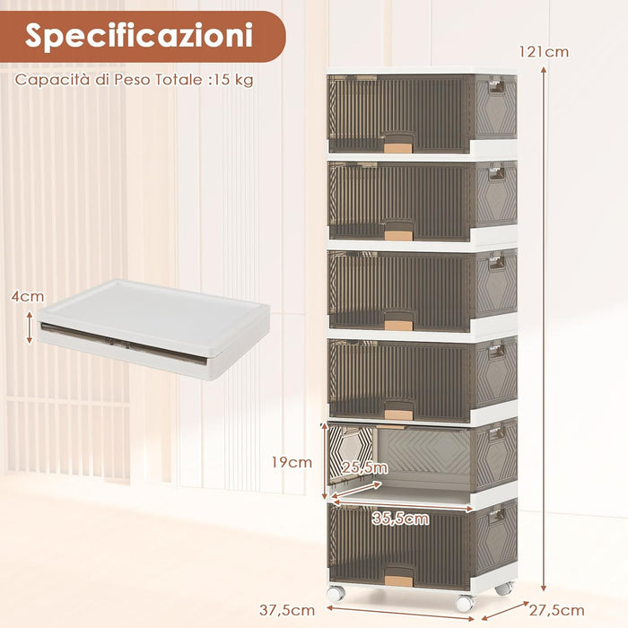 Scatole Immagazzinaggio Impilabili e Pieghevole con Ruote, Contenitore a 6 Ripiani con Coperchi, Organizzatori Trasparente, per Camera da Letto e Soggiorno, Bianco (37,5 x 27,5 x 121 cm)