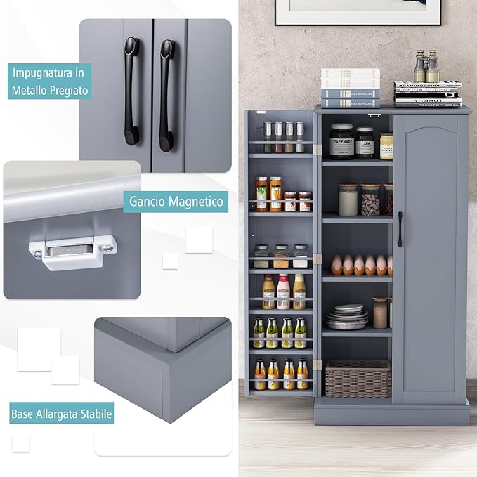 Credenza da Cucina, Mobile da Cucina Moderno con 6 Ripiani Regolabili, per Cucina, Sala da Pranzo e Soggiorno, 60 x 40 x 120 cm (Grigio)