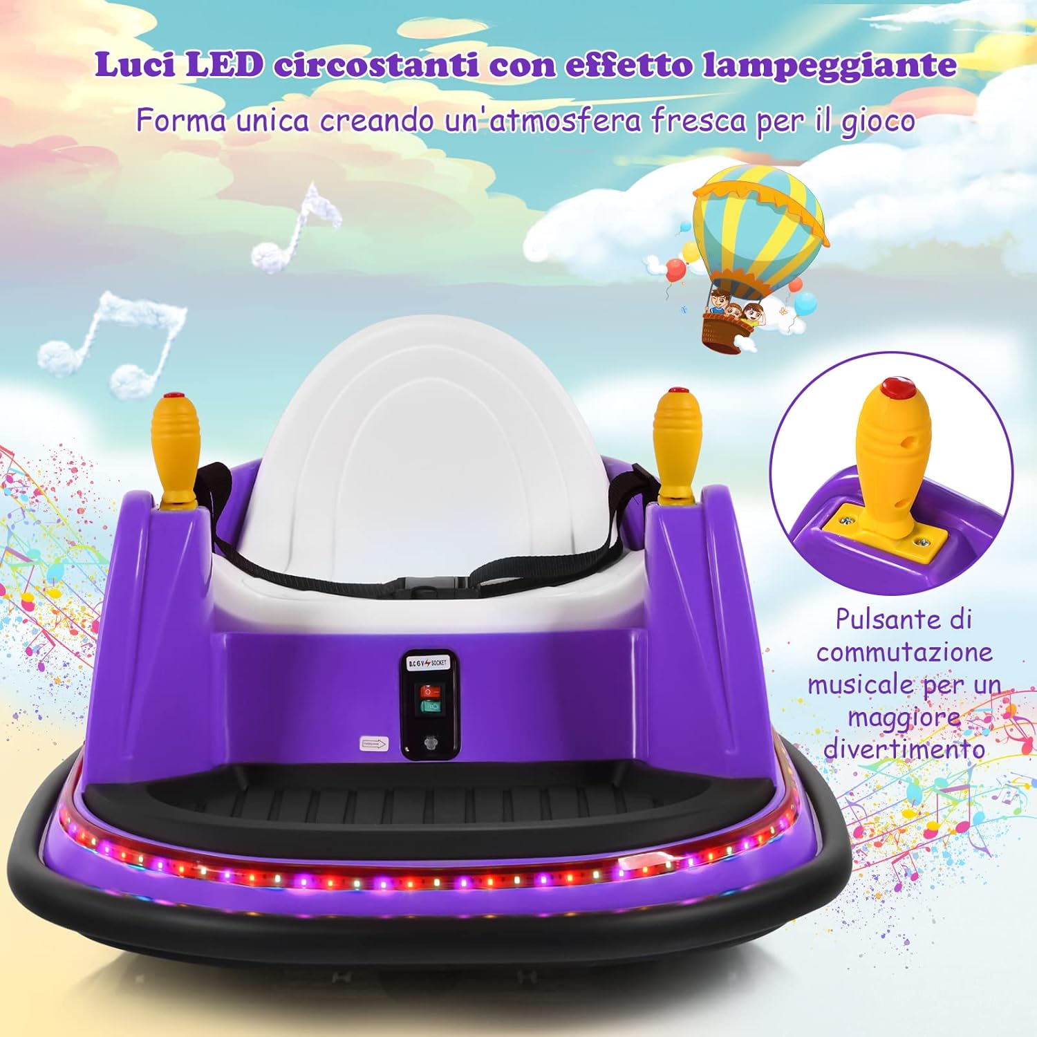 Veicolo Elettrico Macchina Elettrica Design Autoscontro per Bambini, Girevole a 360°, con Luci e Musica, con Telecomando, per Bambini 2-5 Anni (Viola)