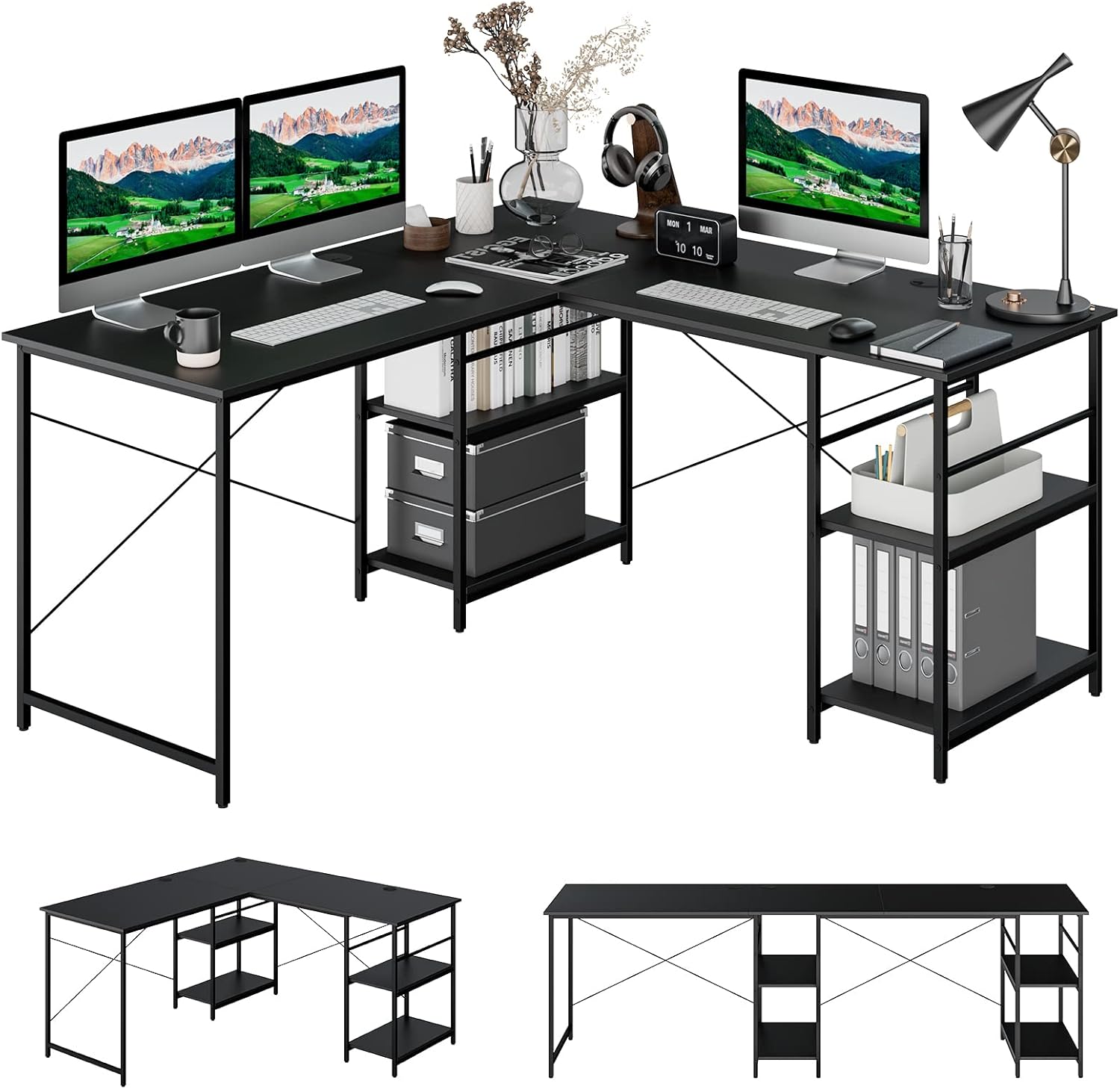Scrivania Angolare per Computer con Supporto per Monitor, Scrivania Porta PC in Legno, Scrivania Salvaspazio e Moderna per Ufficio e Studio, 242 x 60 x 75 cm (Nero)