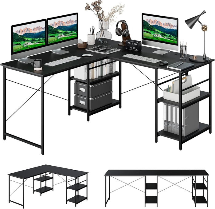 Scrivania Angolare per Computer con Supporto per Monitor, Scrivania Porta PC in Legno, Scrivania Salvaspazio e Moderna per Ufficio e Studio, 242 x 60 x 75 cm (Nero)