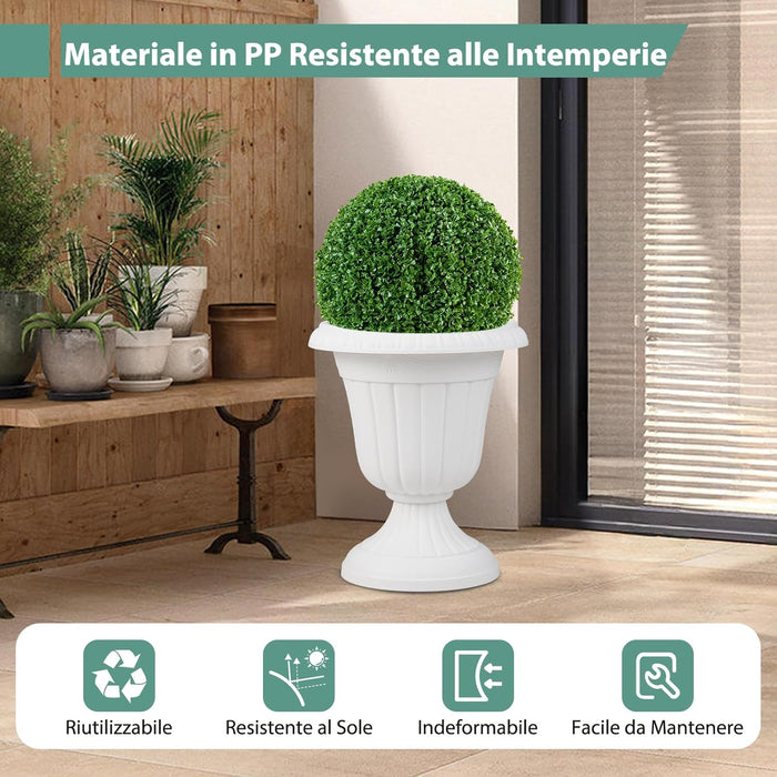 Set di 2 Vasi Alti, Vasi per Fiori in Plastica a Forma di Urna con Base a Piedistallo e Foro di Drenaggio, Contenitori Decorativi per Piante per Interni ed Esterni (Bianco)