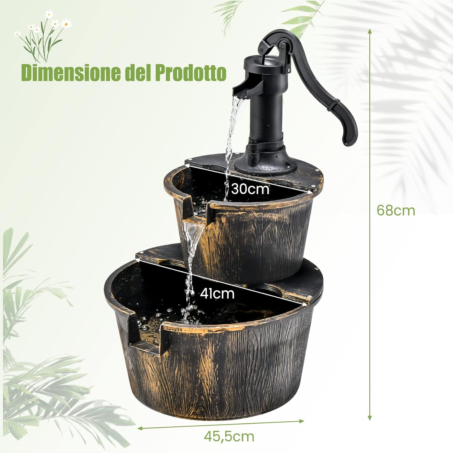 Fontana da Giardino a 2 Livelli, Fontana Rustica con Pompa Regolabile e Ricircolo di Acqua, Fontanella per Giardino Prato e Terrazza, 45,5 x 41 x 68 cm, Bronzo Antico