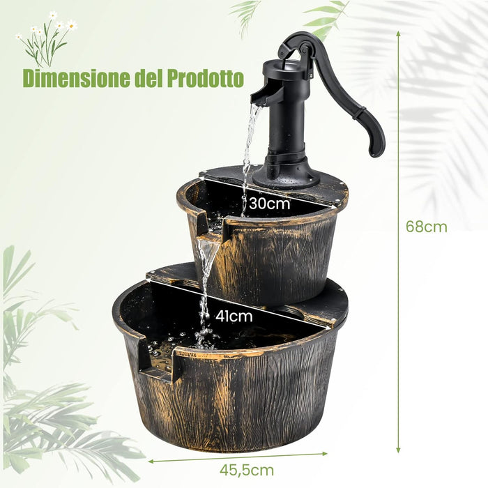 Fontana da Giardino a 2 Livelli, Fontana Rustica con Pompa Regolabile e Ricircolo di Acqua, Fontanella per Giardino Prato e Terrazza, 45,5 x 41 x 68 cm, Bronzo Antico