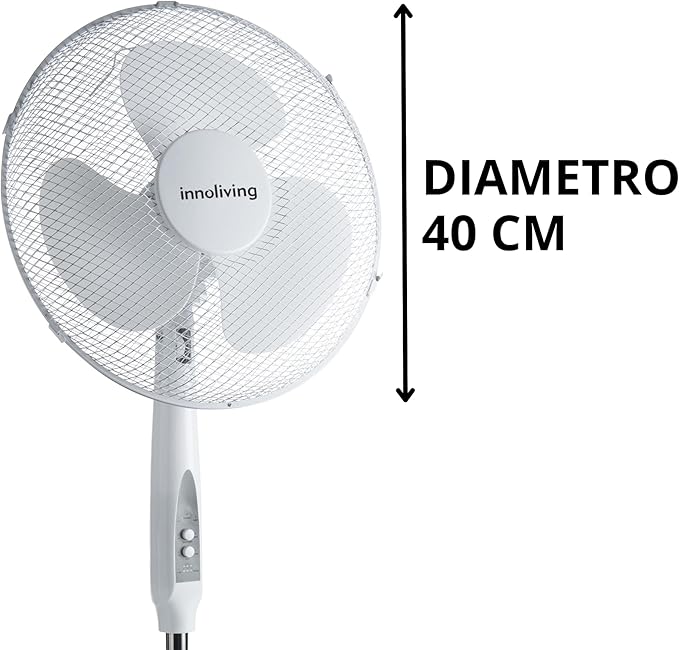 Innoliving Ventilatore a Piantana INN-503ROUNDR con Telecomando, Griglia Mesh, Diametro 40 cm, 3 Velocità, Oscillazione, Altezza Regolabile, Base Rotonda