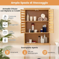 Scaffale Bagno in Bambù 170cm sopra WC, Mobile Bagno Salvaspazio con 2 Porte e Mensola Aoerta, Organizzatore sopra Gabinetto per Lavanderia, Naturale