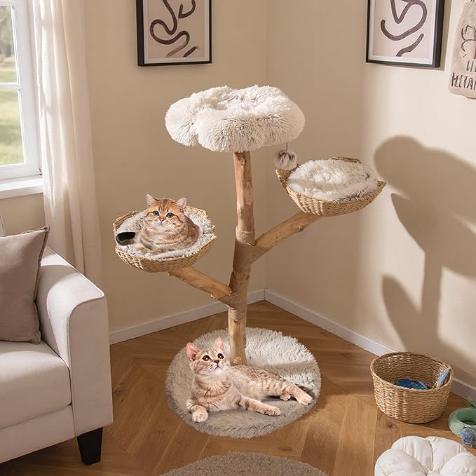 Albero per Gatti, Tiragraffi per Gattini Alta 122 cm con Ramo in Legno con Piattaforma a Fiore, 2 Cesti in Rattan, Pali Tiragraffi in Juta e Pallina Pendente, Mobile per Gatti da Interno