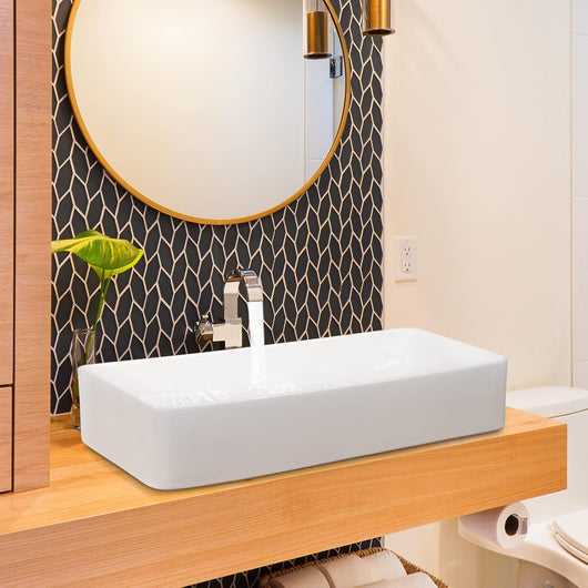 Lavabo da Bagno in Ceramica, Lavandino da Bagno Rettangolare 60 x 35 cm, con Scarico a Scomparsa, Ideale per Casa Ristorante Hotel, Bianco