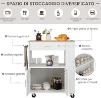 Carrello da Cucina con Ruote, Isola da Cucina con 3 Portaspezie 1 Cassetto Armadietto a 2 Porte, Carrello Portaoggetti con Portasciugamani, 82x46x92 cm (Bianco)