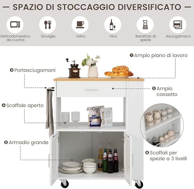 Carrello da Cucina con Ruote, Isola da Cucina con 3 Portaspezie 1 Cassetto Armadietto a 2 Porte, Carrello Portaoggetti con Portasciugamani, 82x46x92 cm (Bianco)