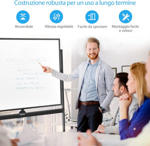 Lavagna Bianca Magnetica Mobile, Lavagna Cancellabile con Altezza Regolabile Girevole a 360°, con 4 Ruote Bloccabili, Doppia Faccia, 90 x 120 cm