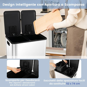 Pattumiera per Differenziata 2 Scomparti, Secchi Spazzatura Differenziata 2 x 30 L, Bidone con Coperchi a Chiusura Morbida, Acciaio Inox Anti-Impronte (Argento)