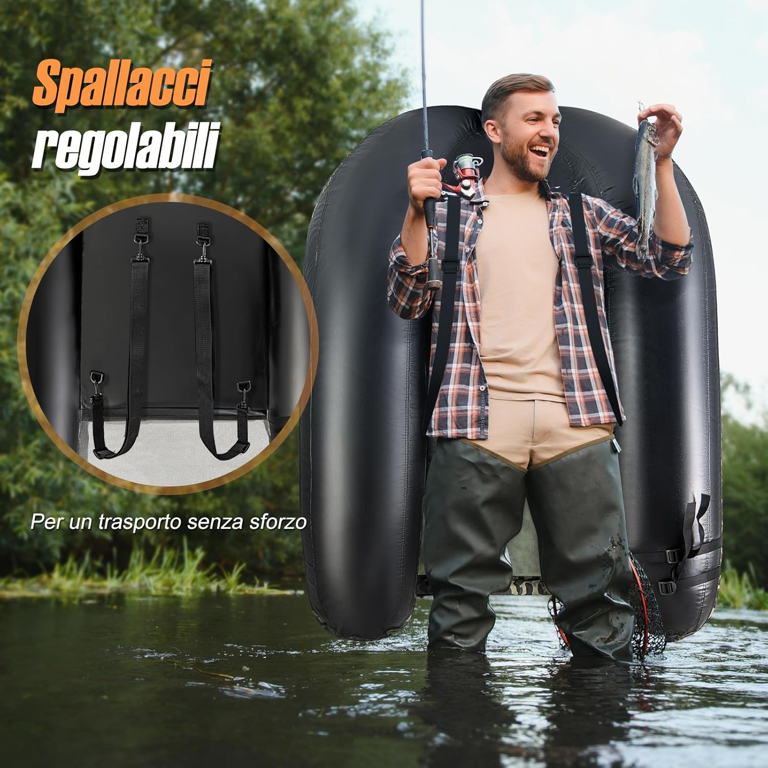 Gommone Gonfiabile da Pesca, Barca da Pesca Portatile con 2 Pinne, Pagaia in Alluminio, Pompa, Spallacci Regolabili e Kit di Riparazione, Schienale Regolabile, capacità di Carico 150kg