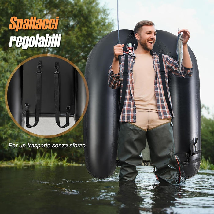 Gommone Gonfiabile da Pesca, Barca da Pesca Portatile con 2 Pinne, Pagaia in Alluminio, Pompa, Spallacci Regolabili e Kit di Riparazione, Schienale Regolabile, capacità di Carico 150kg