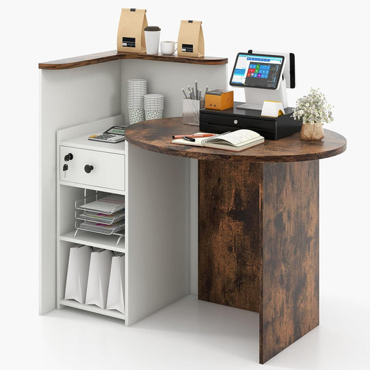 Scrivania ovale e bancone a forma di L, 120 x 70 x 100 cm, per ufficio, atrio, clinica (bianco+marrone)