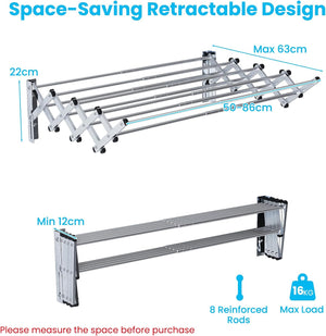 Stendibiancheria da Parete con 8 Aste in Acciaio Inox, Stendino da Parete per Bagno/Lavanderia, Stendino a Muro Richiudibile e Salvaspazio, Argento (50-86 x 63 x 22 cm)