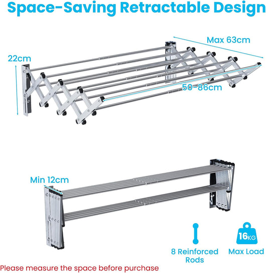 Stendibiancheria da Parete con 8 Aste in Acciaio Inox, Stendino da Parete per Bagno/Lavanderia, Stendino a Muro Richiudibile e Salvaspazio, Argento (50-86 x 63 x 22 cm)