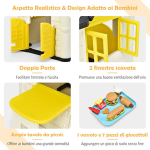 Casetta per Bambini con Porte e Finestre, Casetta Giocattolo con Tavolo, Set Giocattolo con 7 Pezzi, Ideale per Bambini 3-8 Anni, 164x124x132 cm (Giallo)