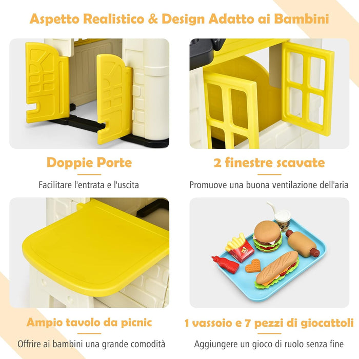Casetta per Bambini con Porte e Finestre, Casetta Giocattolo con Tavolo, Set Giocattolo con 7 Pezzi, Ideale per Bambini 3-8 Anni, 164x124x132 cm (Giallo)