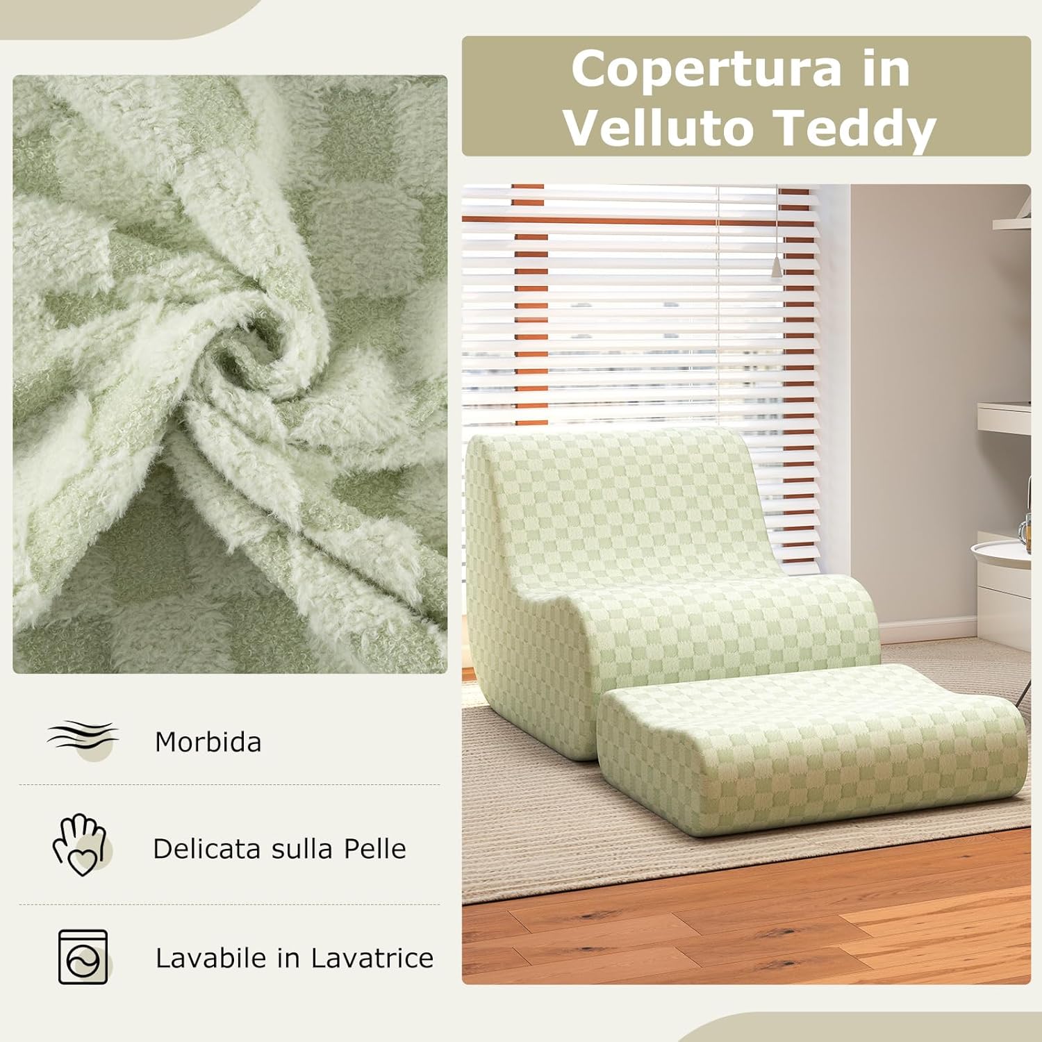 Sedia a Sacco con Pouf, Divano in Spugna ad Alta Elasticità, Fondo Antiscivolo e Copertura in Velluto Lavabile, Comoda Poltrona Pigra per Soggiorno Camera da Letto Sala Lettura (Verde)