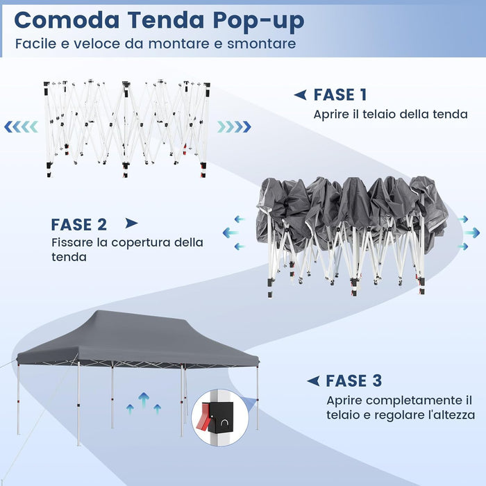Gazebo Pieghevole da Giardino 3 x 6m, Gazebo Pop-up con Borsa da Trasporto, Regolabile in Altezza, per Feste (Grigio)