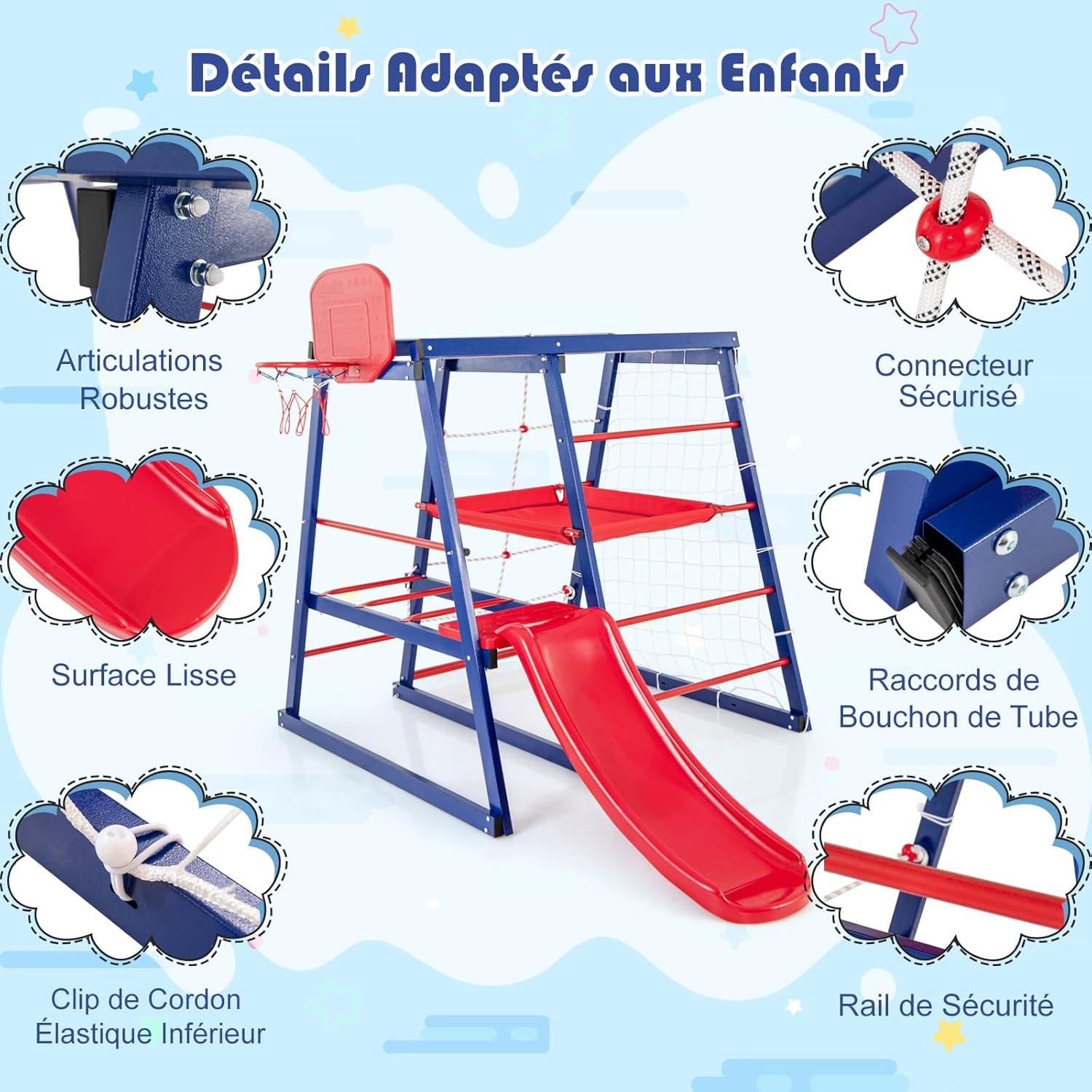 7 in 1 Parco giochi Arrampicata Bambino con Scivolo & Cestino da Pallacanestro, Giocattolo Arrampicata Montessori con 2 Piattaforma, Interno Esterno, Carico 120kg per Bambini 3-7 Anni