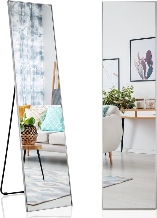 Specchio da Parete Lungo, Specchio da Terra Appendere con Cornice in Lega di Alluminio e Ganci, Per Camera da Letto e Soggiorno, 160 x 40 cm (Argento)