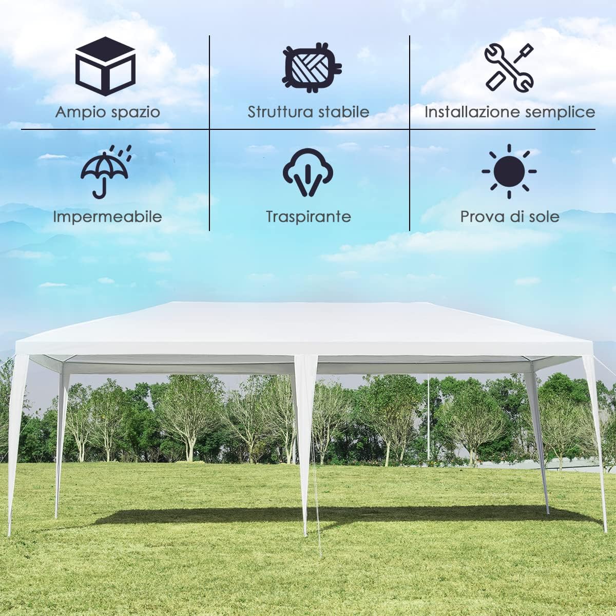 Tendone per Feste 3 M x 6 M, Gazebo da Giardino con Struttura in Metallo, Impermeabile e Protezione UV, per Feste, Barbecue, Giardino e Spiaggia, Bianco