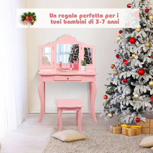 2-in-1 Toeletta Trucco Bambina, Tavolo da Trucco per Bambini con 3 Specchio e Sgabello, Postazione Trucco con 1 Cassetto, 3-7 Anni (Rosa)