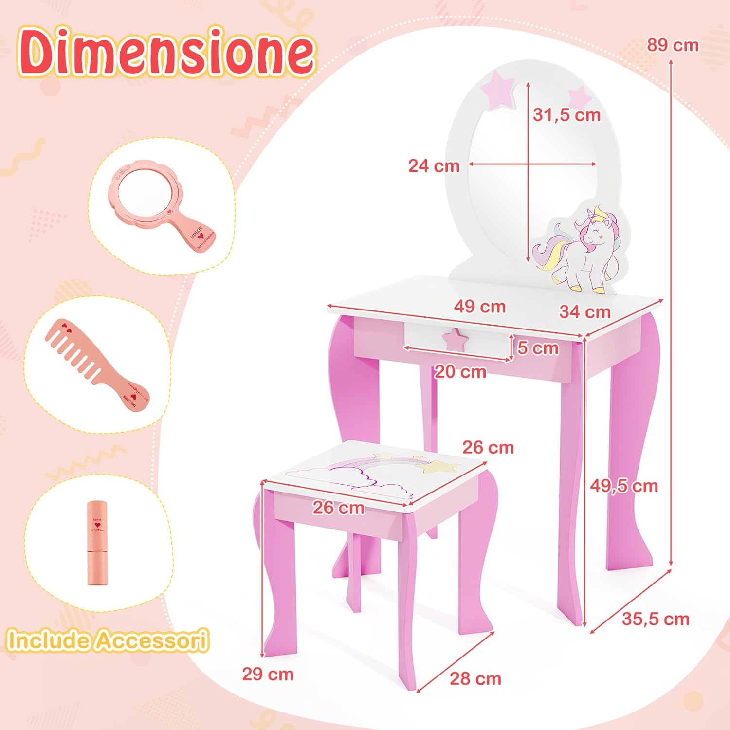 Set Toeletta per Ragazza, Toeletta Trucco per Bambini con Sgabello, Specchio Staccabile e Cassetto, Postazione Trucco in Legno per Cameretta 49.5 x 35.5 x 89cm (Rosa)