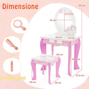 Set Toeletta per Ragazza, Toeletta Trucco per Bambini con Sgabello, Specchio Staccabile e Cassetto, Postazione Trucco in Legno per Cameretta 49.5 x 35.5 x 89cm (Rosa)