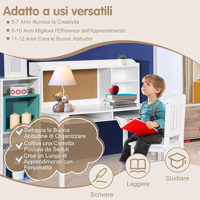 Set Scrivania e Sedia per Bambini 5-12 Anni, Tavolo in Materiale Sicuro con Bacheca in Sughero, 2 Cassetti e Spazio Ampio, Design Moderno, Ideale per Studio e Disegno (Bianco)