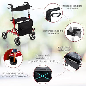 Deambulatore con Seduta 2 in 1, Rollator Pieghevole, Deambulatore per Anziani con 4 Ruote, Maniglie Regolabili Freni, con Doppia Funzione Schienale Reversibile e Borsa Portaoggetti (Rosso)