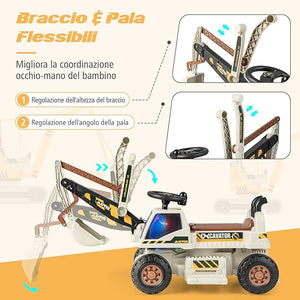 Escavatore Cavalcabile per Bambini, Ruspa Cavalcabile con Sedile Scomparto Portaoggetti, Funzione di Musica e di Educativa, Regalo per Bambini 3 Anni+ (Grigio)