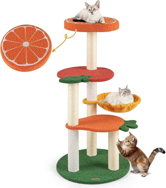 Tiragraffi per Gatto Alto 100 cm Stile Frutta, Albero Tiragraffi Gatti con 4 Pali in Sisal, 4 Piattaforme e Amaca, Torre Albero Gatto Imbottito in Peluche, Multicolore