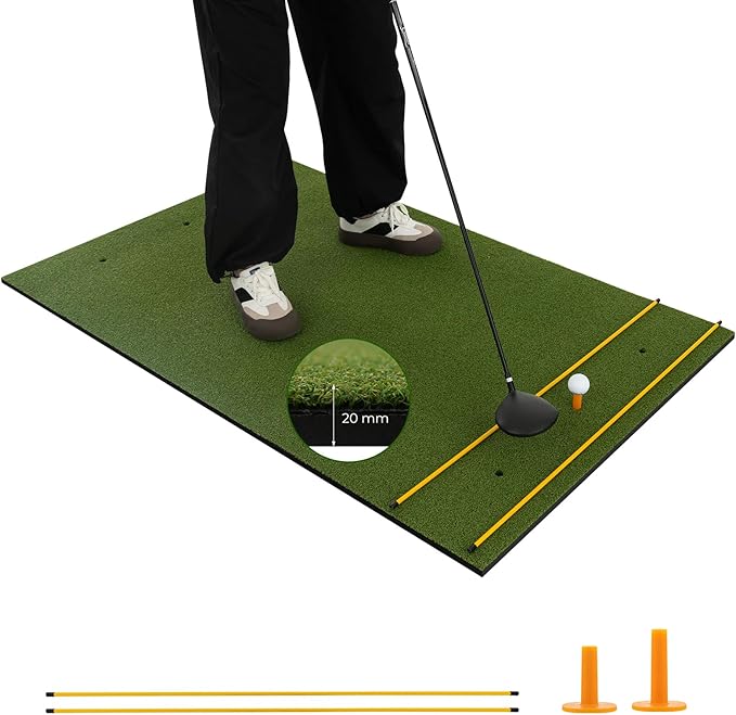 Tappeto da Allenamento Golf 3-in-1, Tappetino da Allenamento in Erba Sintetica con 2 Punte da Golf, 2 Aste di Allineamento e 3 Fori Preforati per le Punte
