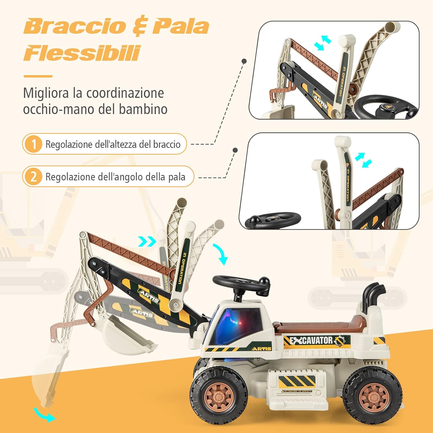 Escavatore Cavalcabile per Bambini, Ruspa Cavalcabile con Sedile Scomparto Portaoggetti, Funzione di Musica e di Educativa, Regalo per Bambini 3 Anni+ (Grigio)