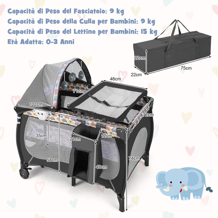 5 in 1 Lettino da Campeggio con Materasso, Lettino Neonato da Viaggio Pieghevole, Box Bambini Portatile con Borsa, Zanzariera, per Bambini 0-36 Mesi (Elefante Colorato)