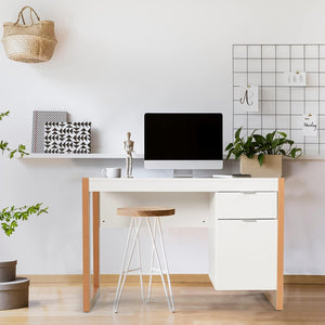 Scrivania Moderna per Computer, Postazione di Lavoro con Armadietto e Cassetto, Design Semplice ed Elegante, Scrivania con Superficie Liscia, Ideale per Casa e Ufficio